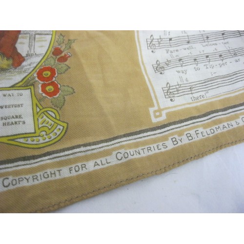 99 - A WW1 silk tea towel featuring military scene and words and music from popular songs of time, by Mes... 