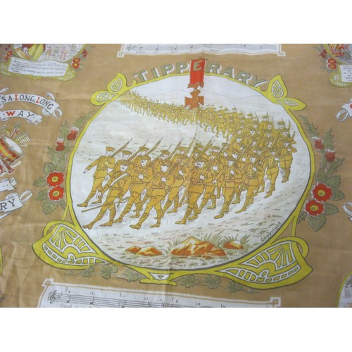 99 - A WW1 silk tea towel featuring military scene and words and music from popular songs of time, by Mes... 