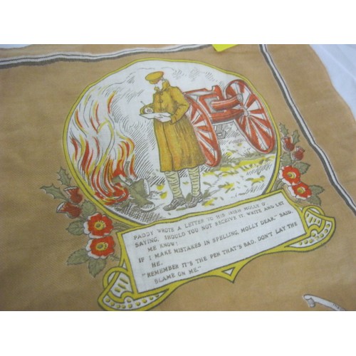 99 - A WW1 silk tea towel featuring military scene and words and music from popular songs of time, by Mes... 