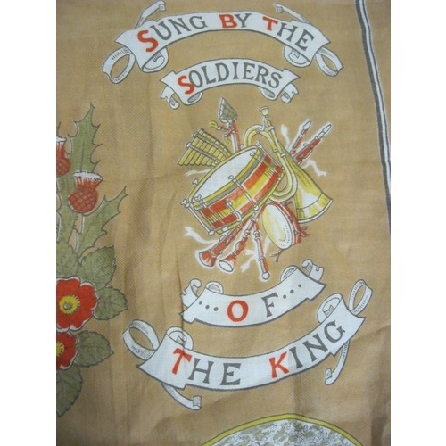 99 - A WW1 silk tea towel featuring military scene and words and music from popular songs of time, by Mes... 