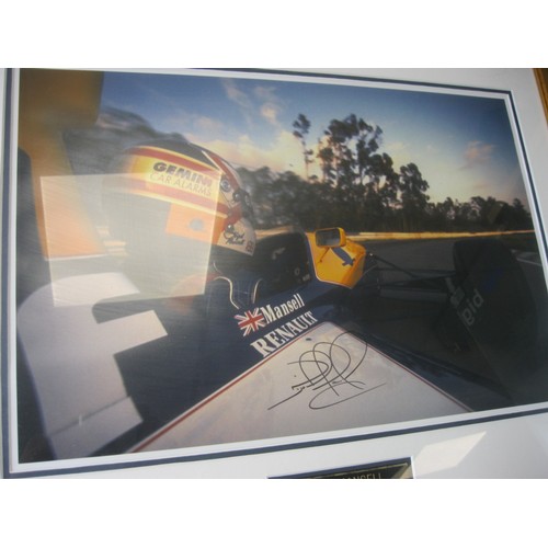 9 - A signed print of Nigel Mansell at the wheel of a Renault Williams, framed and glazed, with MSC Cert... 