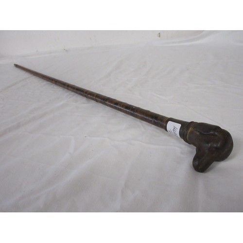 192 - A skull crusher walking cane covered in leather washers, with heavy cast iron dog head handle. Overa... 
