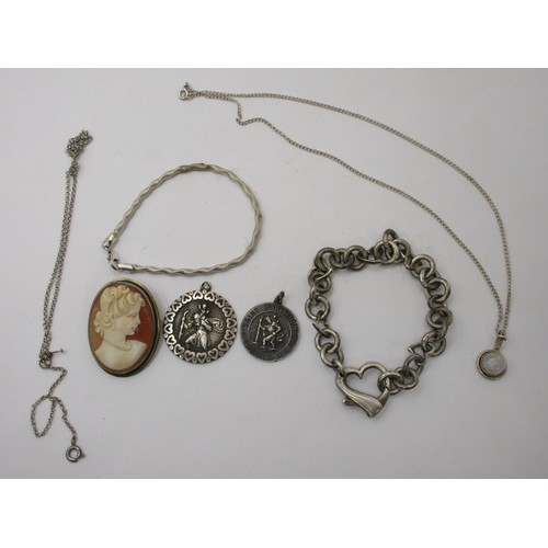 198 - An Italian 925 silver heart bracelet and other silver jewellery including cameo brooch and St Christ... 