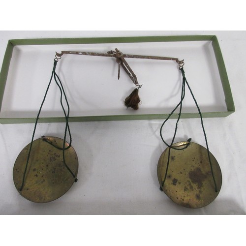 204 - A set of antique apothecary steel balance scales with brass pans with scruple and grain weights