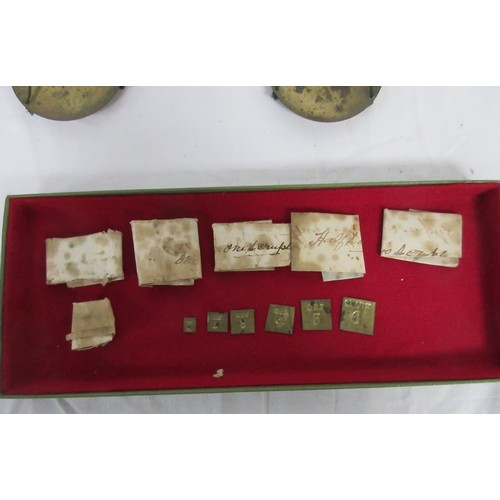 204 - A set of antique apothecary steel balance scales with brass pans with scruple and grain weights