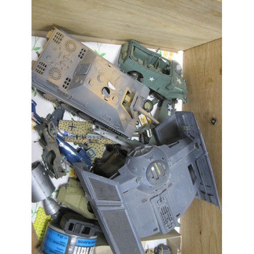 214 - A drawer of assorted models in various stages of construction, including a Star Wars TIE fighter wit... 