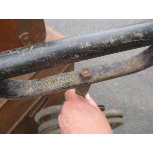 217 - A vintage Merryweather stirrup pump with hose and webbing hose retainer, believed to be WW2-era ARP