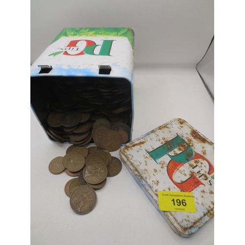196 - A PG Tips tin just under half full of a quantity of mainly George V pennies, plus assorted other coi... 