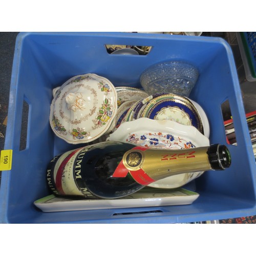 190 - A box of assorted glassware, china and collectables including a Mumm Cordon Rouge champagne bottle