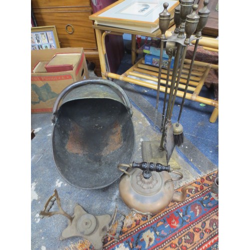 206 - Brass/Copper Coal Bucket Companion Set and Kettle