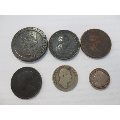 234 - A small selection of coinage comprising 1836 William IIII shilling, 1899 Victoria sixpence, 3 copper... 