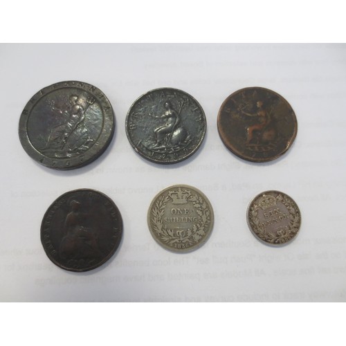 234 - A small selection of coinage comprising 1836 William IIII shilling, 1899 Victoria sixpence, 3 copper... 