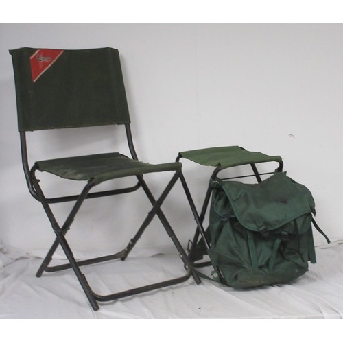 54 - A fishing rod bag containing nine rods and other items, a chair bag with folding seat and backpack s... 