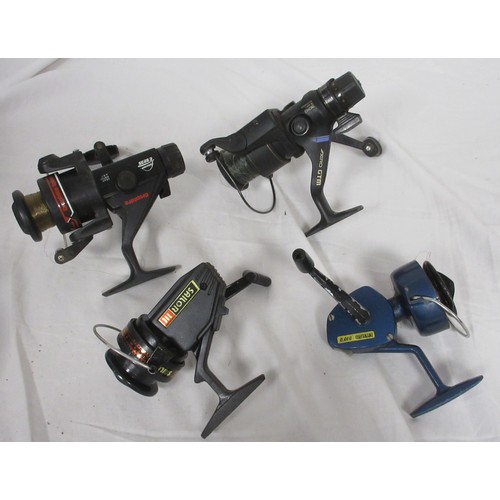 54 - A fishing rod bag containing nine rods and other items, a chair bag with folding seat and backpack s... 