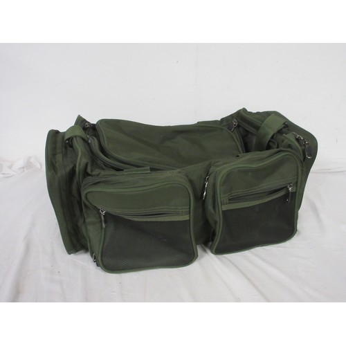 54 - A fishing rod bag containing nine rods and other items, a chair bag with folding seat and backpack s... 