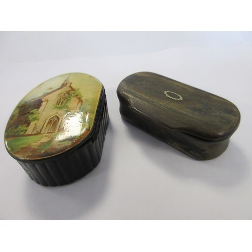 23 - A pair of antique snuff boxes: one carved in horn with patterned white metal inlay ring to lid, the ... 