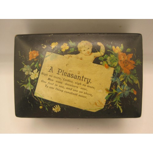 1 - An antique lacquer trinket box with transfer decoration of cupid and flowers and verse 'A Pleasantry... 