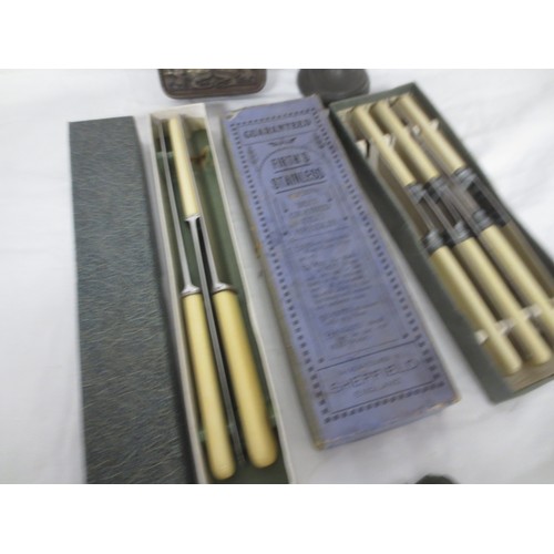 43 - An antique pewter goblet with handle and nicely dimpled finish, two sets of vintage knives, boxed an... 