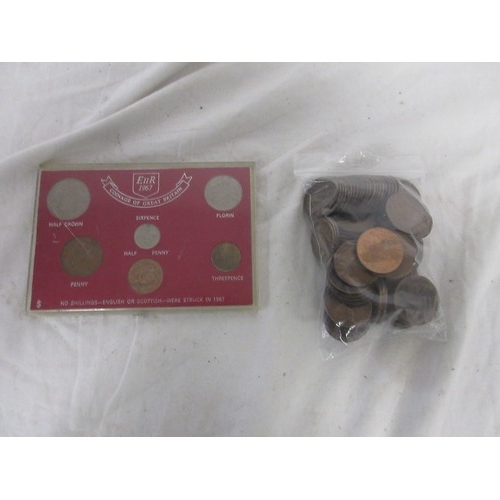 8 - A cased Great Britain 1967 coinage set, and a bag of approx. one hundred and eleven pre-decimal penn... 