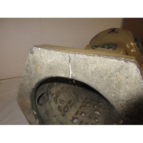 14 - A glazed stoneware plant stand, hexagonal base and section, pierced sides, stands at 60cm, diameter ... 