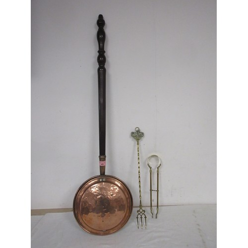 45 - A copper warming pan with turned wooden handle, a toasting fork with Christchurch Priory terminal, a... 