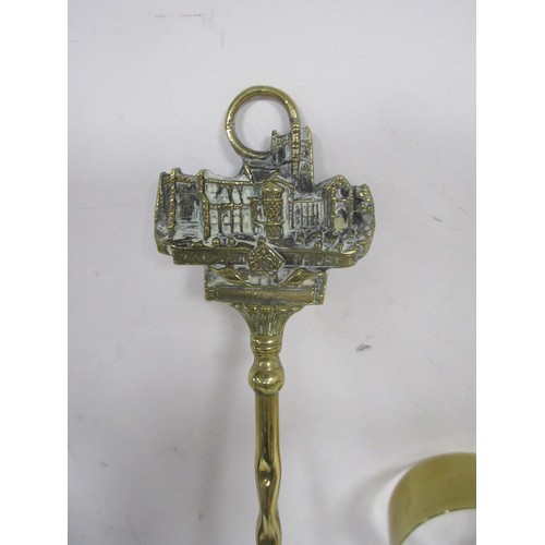 45 - A copper warming pan with turned wooden handle, a toasting fork with Christchurch Priory terminal, a... 