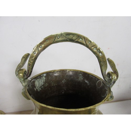 46 - A brass miner's type lamp, a brass vase with serpent handle, and a pair of brass candlesticks (23cm)