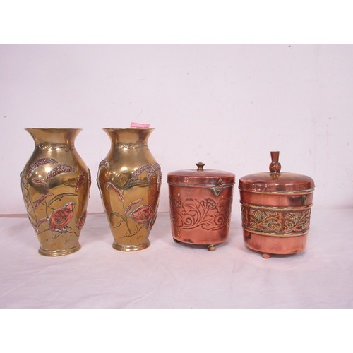 47 - A pair of far eastern style brass and copper vases decorated with birds and grasses (18cm), a Beldra... 