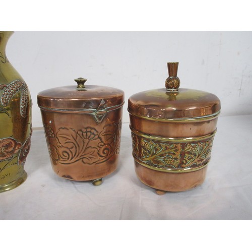 47 - A pair of far eastern style brass and copper vases decorated with birds and grasses (18cm), a Beldra... 