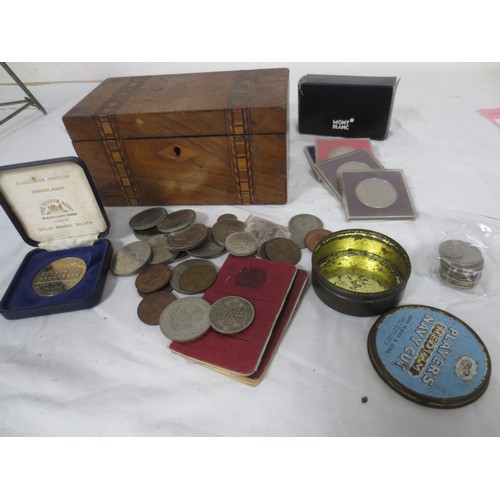 49 - A wooden box containing assorted coinage including commemorative crowns etc