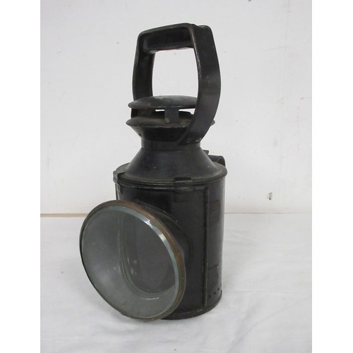 28 - A vintage BR railway lamp in black, with burner and multi-coloured lenses, in very good cosmetic ord... 