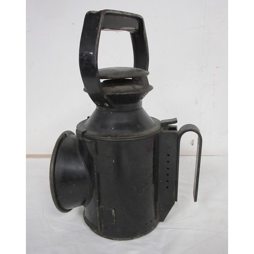 28 - A vintage BR railway lamp in black, with burner and multi-coloured lenses, in very good cosmetic ord... 