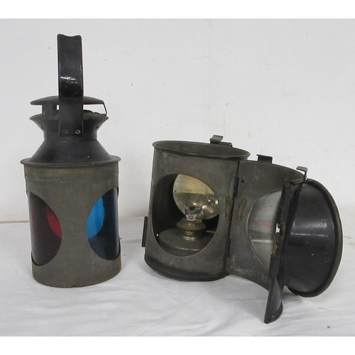 28 - A vintage BR railway lamp in black, with burner and multi-coloured lenses, in very good cosmetic ord... 