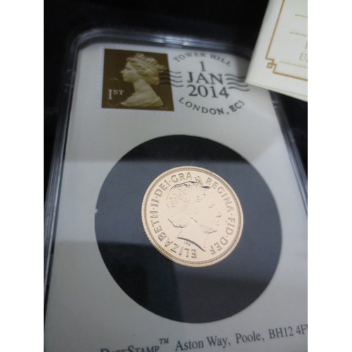 3 - A dated & stamped 1st January 2014 Queen Elizabeth II gold sovereign, encapsulated and in wooden pre... 