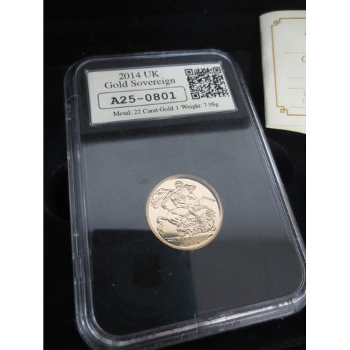 3 - A dated & stamped 1st January 2014 Queen Elizabeth II gold sovereign, encapsulated and in wooden pre... 