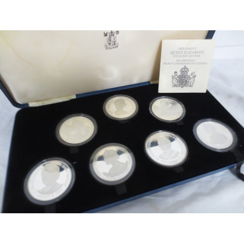 6 - A 1980 proof set of sterling silver Queen Elizabeth the Queen Mother commemorative crowns, all encap... 