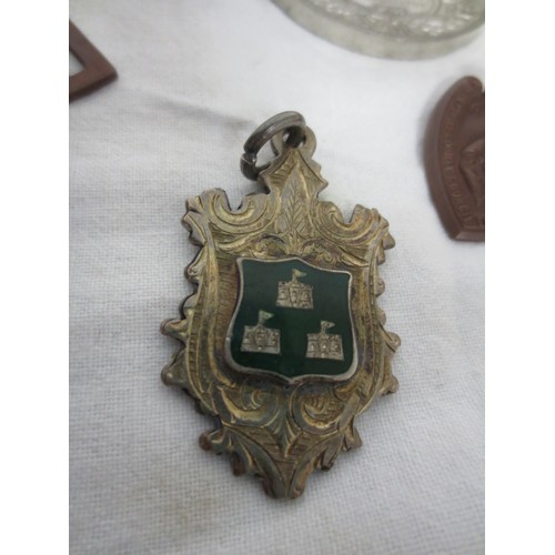 7 - A velvet box with white metal top containing an assortment of medals and fobs, including a sterling ... 