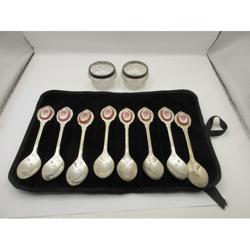 19 - A pair of cut glass salts with a/f Birmingham silver rims, and a set of eight silver-plated teaspoon... 