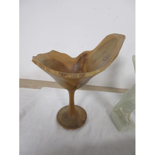 20 - Mixed decorative and household items - a turned yew wood bowl on foot signed Alan Long, two carved s... 