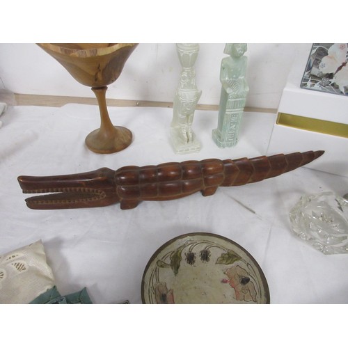 20 - Mixed decorative and household items - a turned yew wood bowl on foot signed Alan Long, two carved s... 