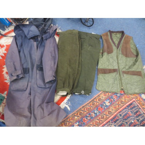 161 - A Barbour fishing gilet, used but in good order, two pairs of moleskin breeches (one by Hucklecote, ... 