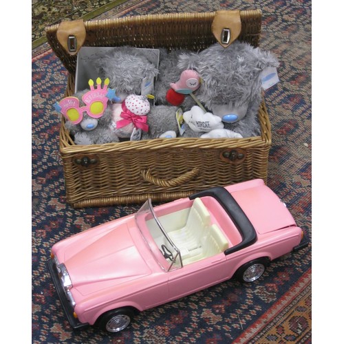 171 - A wicker hamper containing new Tatty Teddy bears and a Barbie Rolls Royce car