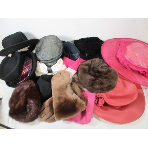 164 - A bag of ladies fur and other hats and a pair of ladies fur gloves
