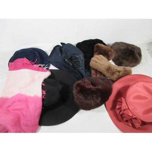 164 - A bag of ladies fur and other hats and a pair of ladies fur gloves
