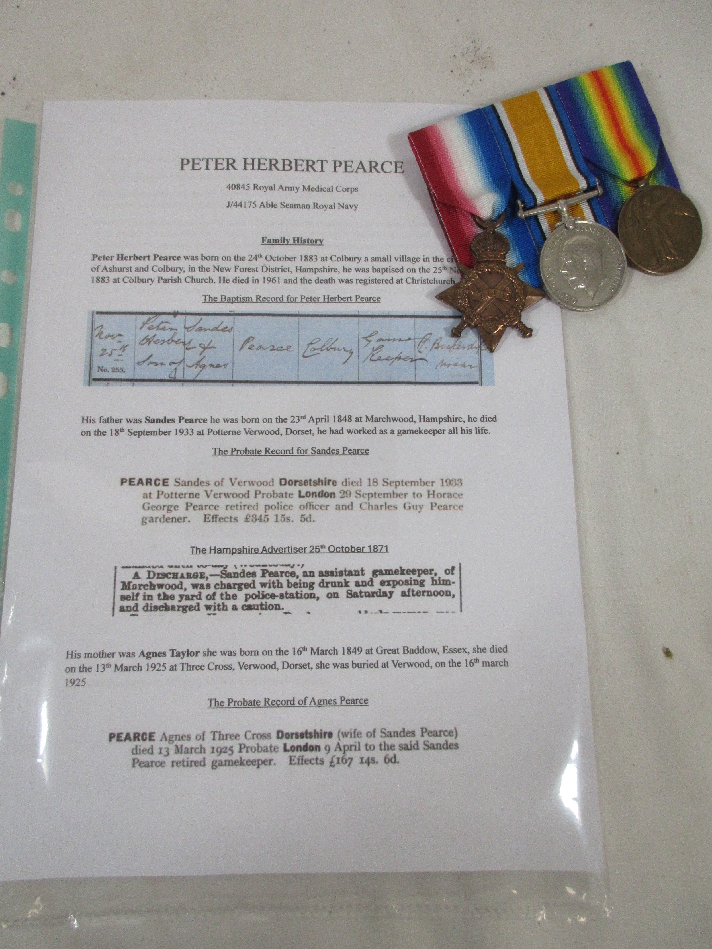 A WW1 Trio awarded to J44175 P H Pearce AB RN of Verwood, Dorset: he ...