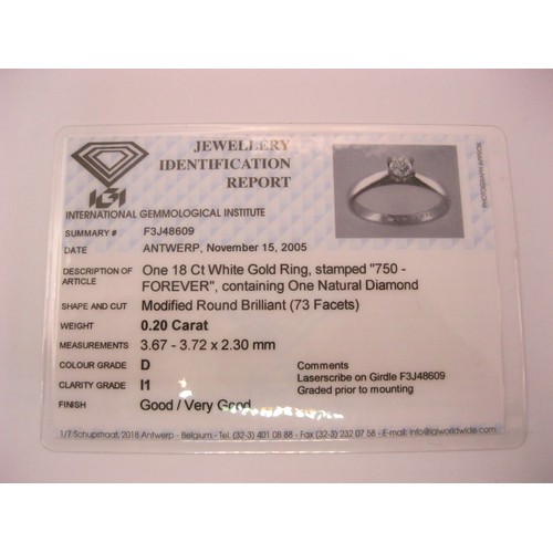 17 - An 18 carat imported white gold solitaire diamond ring,  the diamond 0.20 carat, with a Jewellery Id... 