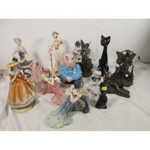 22 - A selection of Resin figurines to include art deco style ladies also Pottery figurine with a musical... 