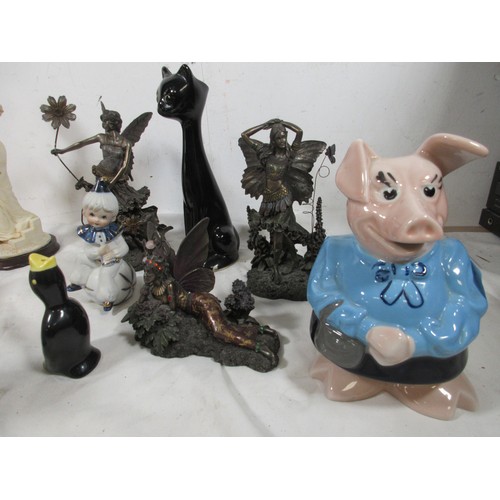22 - A selection of Resin figurines to include art deco style ladies also Pottery figurine with a musical... 