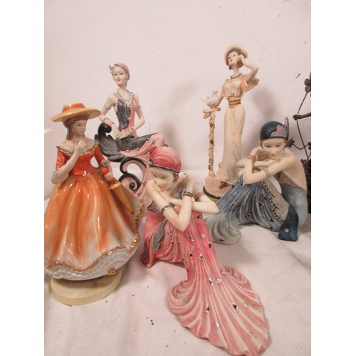 22 - A selection of Resin figurines to include art deco style ladies also Pottery figurine with a musical... 