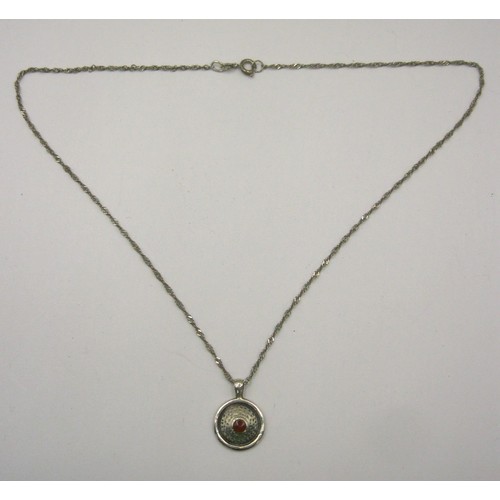 48 - A 925 silver twist necklace chain with roundel pendant with a red stone to the raised centre.  Combi... 